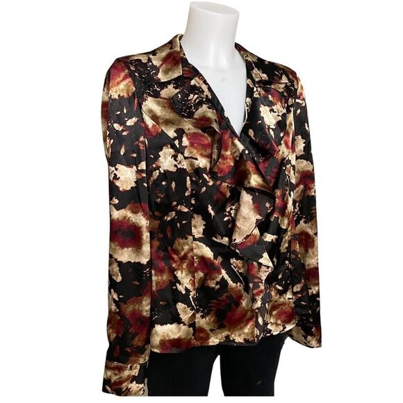JONES NEW YORK STRETCH FLORAL RUFFLED LONGSLEEVE SATIN TOP W/ COLLAR‎ sz 10 - Picture 3 of 9